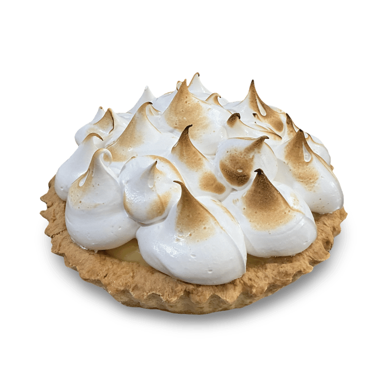 Mini lemon meringue tart with toasted peaks and a buttery shortcrust pastry shell isolated on black.