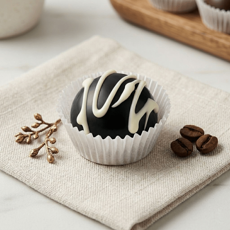Handmade dark chocolate espresso truffle with white chocolate drizzle and roasted coffee beans.