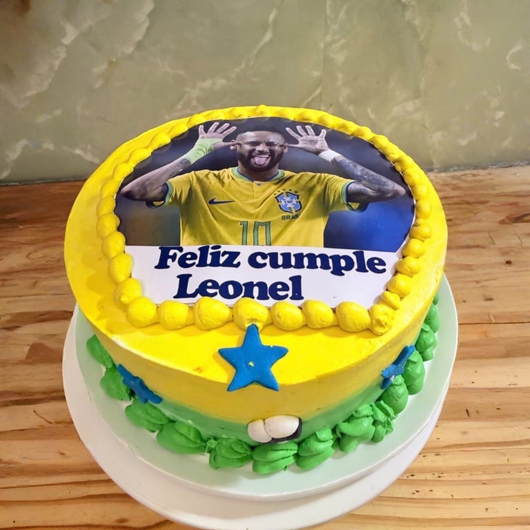 Pastel de cumpleaños con temática de fútbol brasileño amarillo y verde con texto de Neymar Jr. y Fel