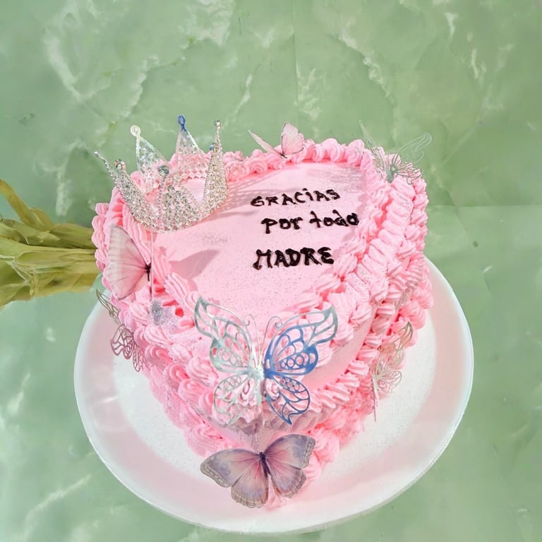 Pastel rosa en forma de corazón del Día de la Madre decorado con una corona, mariposas y texto en es