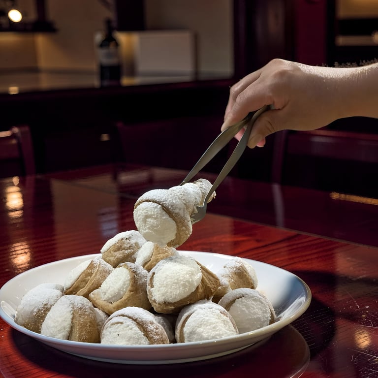 Servicio de conitos de hojaldre y crema chantilly presentados en un plato blanco para evento o merie