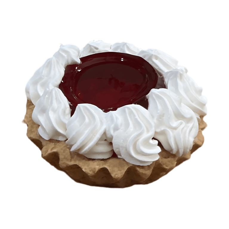 Mini fruit tart with red jam center and whipped cream swirls on a shortbread crust.
