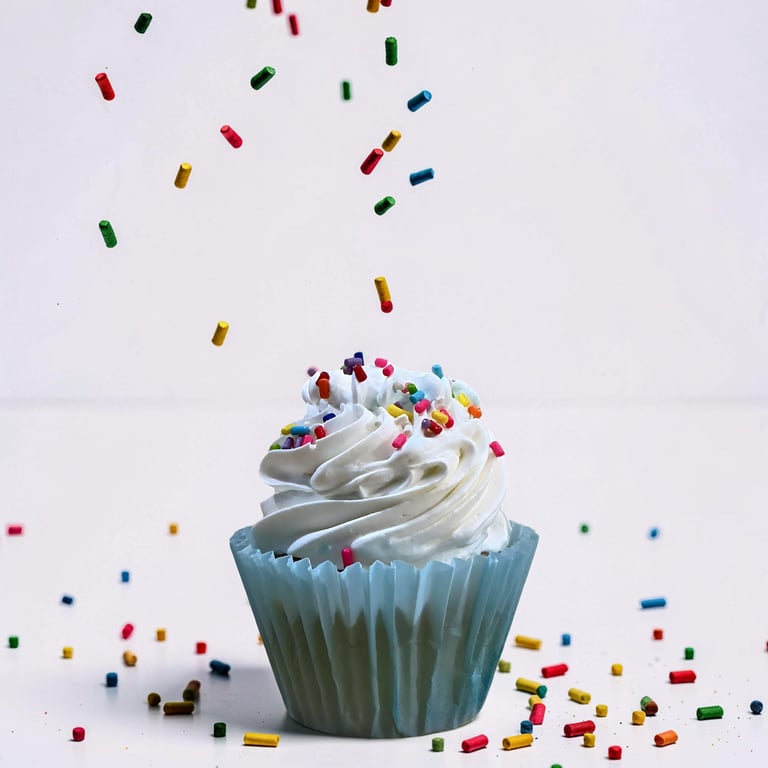 A vanilla cupcake with white swirl frosting being decorated with falling rainbow sprinkles.