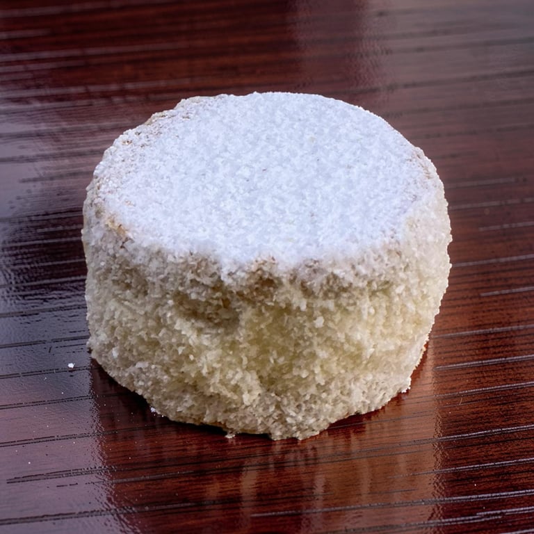 A round shortbread cookie dusted with powdered sugar on a dark wood surface.
