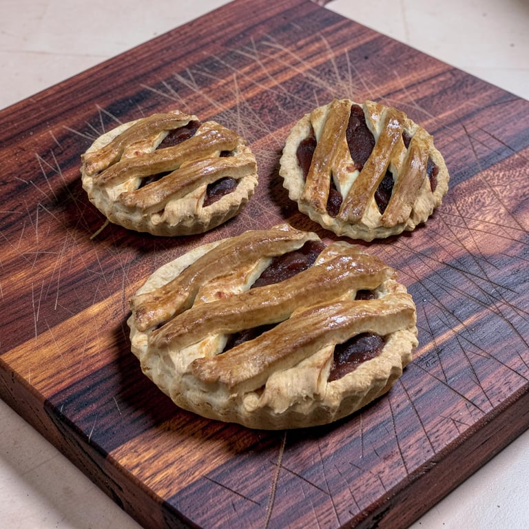 Tres mini tartas de frutas de celosía caseras enfriándose en una tabla de cortar de madera rústica.