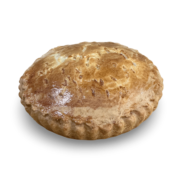 Golden-brown homemade meat pie with a fluted crust and egg wash glaze isolated on a black background.