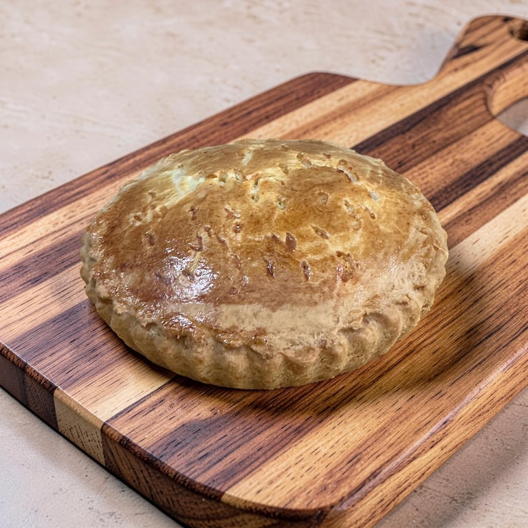 Golden brown homemade meat pie on a wooden cutting board with crimped crust edges.