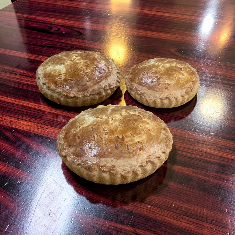 Golden brown, baked empanada or savory pie on a striped wooden cutting board, showcasing its flaky pastry crust.