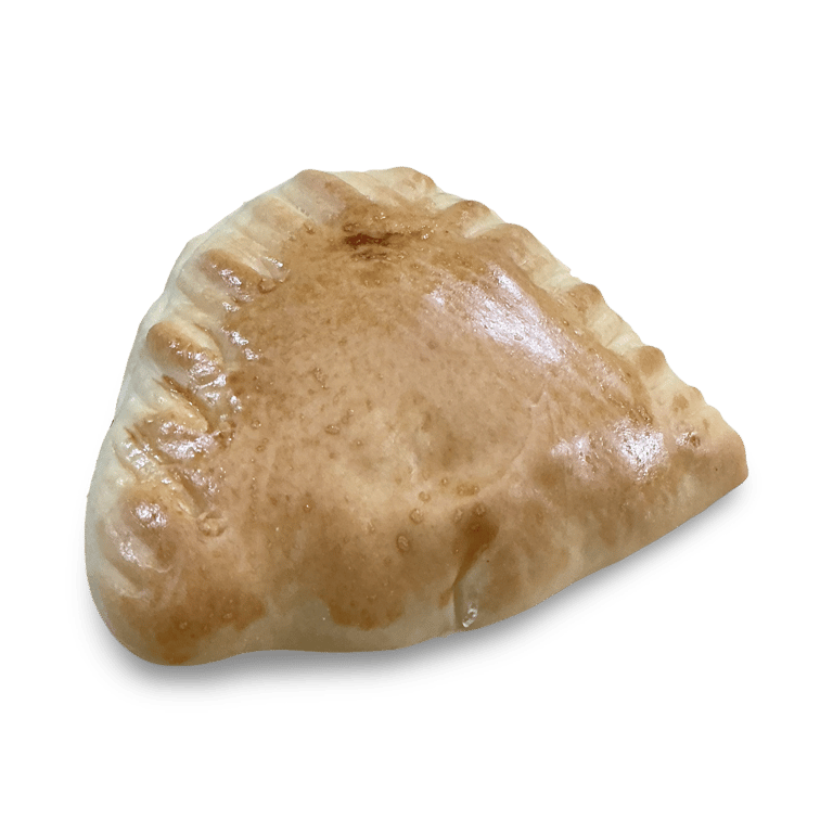 Golden brown triangular savory pastry with crimped edges on a black background.