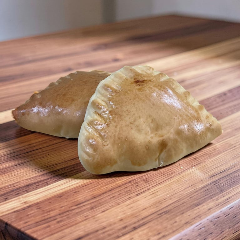 Two golden brown baked empanadas with crimped edges on a wooden cutting board.