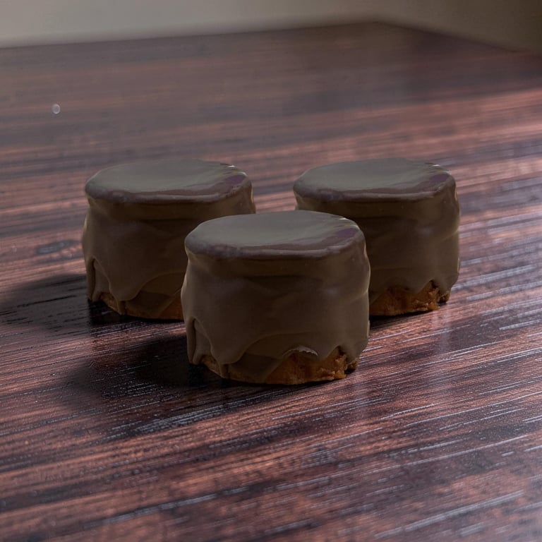 Three chocolate-covered biscuits sitting on a dark wooden table background.