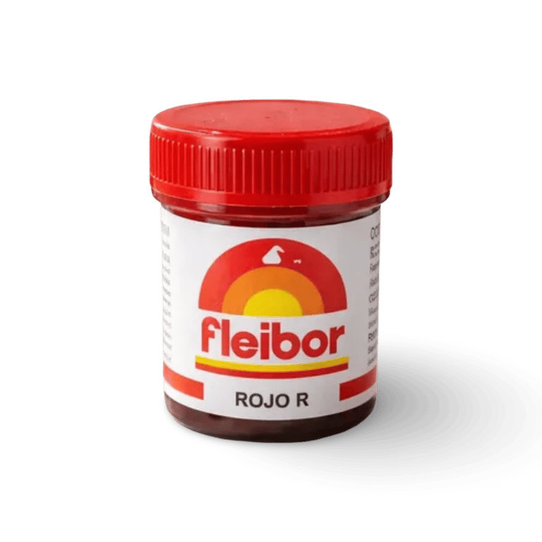 Un pequeño frasco de pasta de colorante alimentario profesional Fleibor Rojo R con un tapón de rosca