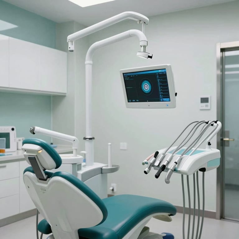 Modern luxury dental clinic with state-of-the-art equipment and a professional atmosphere in teal and white.