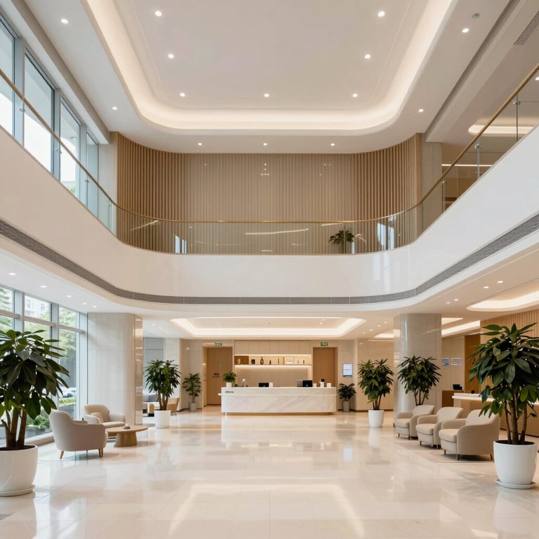 The bright and welcoming lobby of a premium international medical center, architectural design.