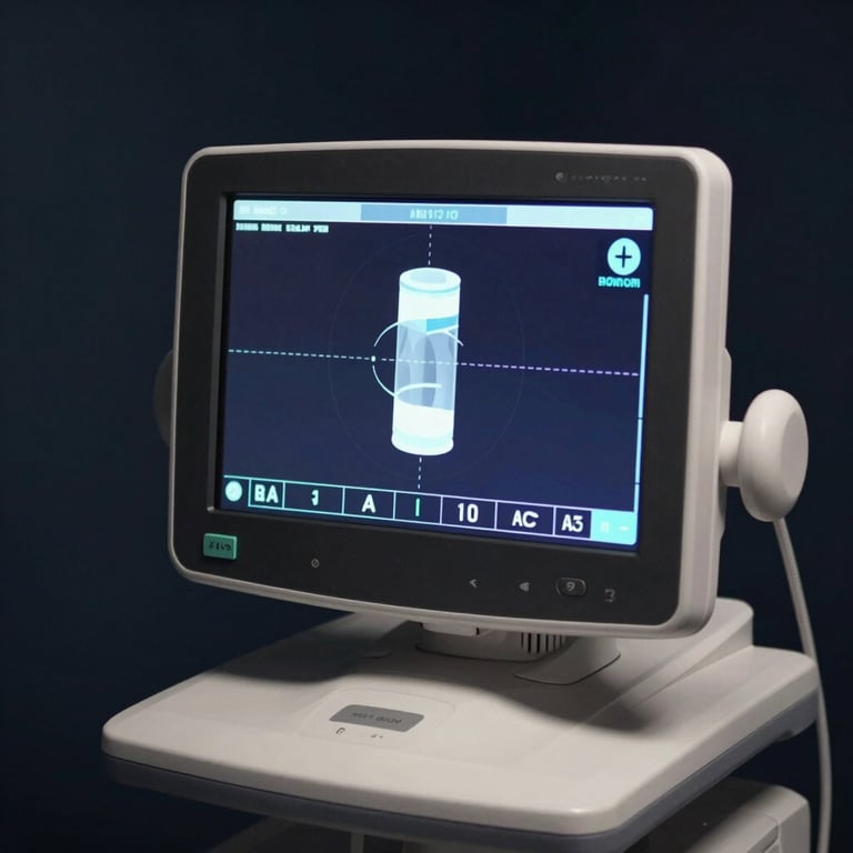 Close-up of a high-tech diagnostic medical screen in a darkened dark navy room.