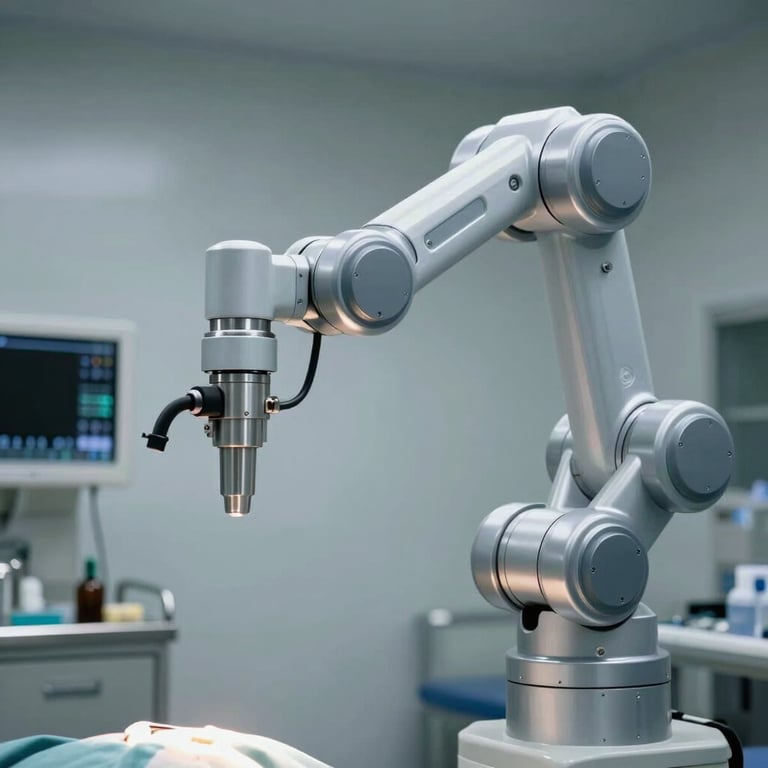 Detailed shot of a robotic surgical arm in a sterile hospital environment, steel gray tones.