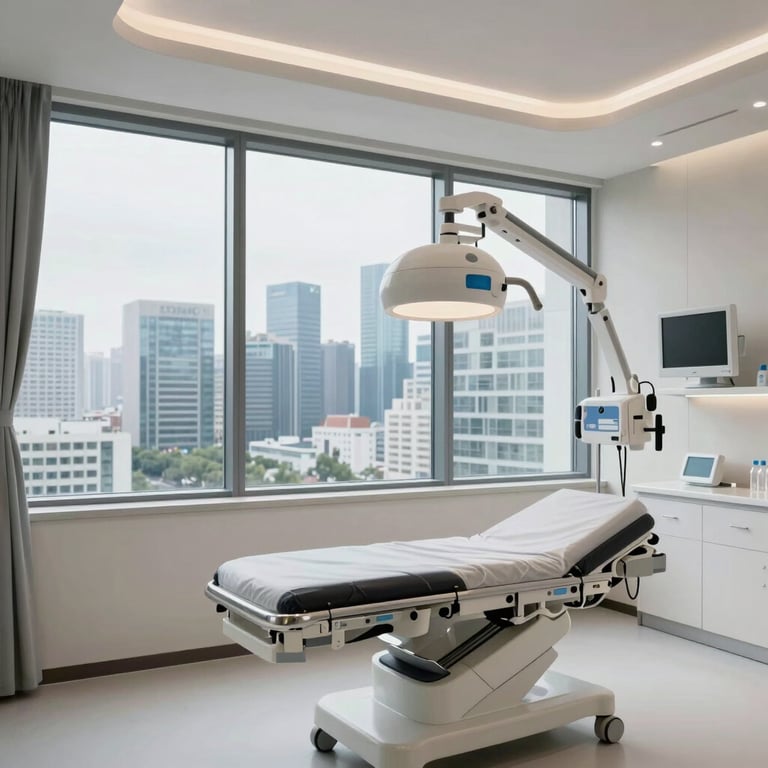 A premium patient recovery suite overlooking a modern city skyline, clean and hygienic aesthetic.