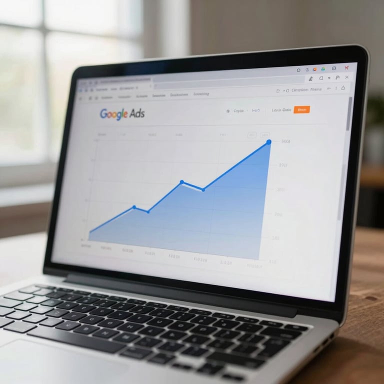 Close-up detail of a modern laptop screen displaying a clean Google Ads dashboard with rising conversion charts, natural window light
