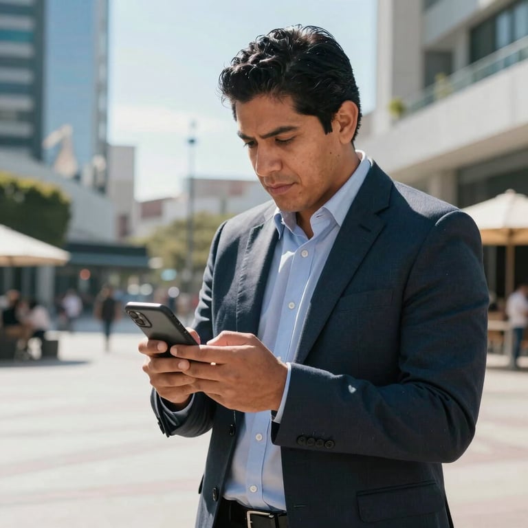 Photography of a Latin American entrepreneur checking a smartphone in a bright, modern plaza. Sunlight and Ice Blue reflections.