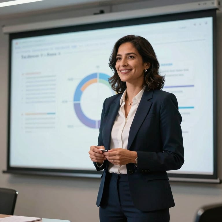 Photography of a smiling Latin American professional woman presenting on a large screen in a tech company. Professional and innovative vibe.