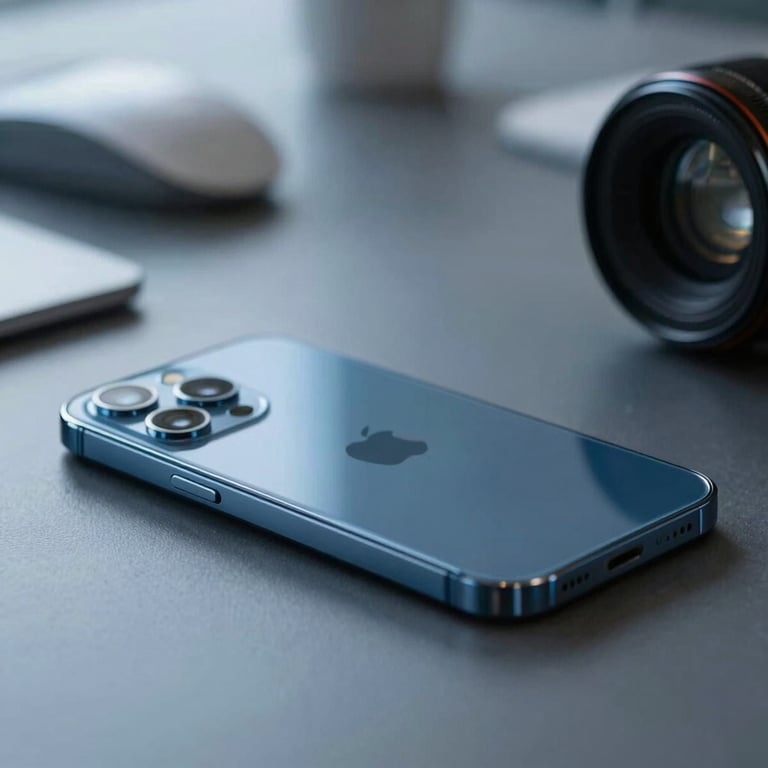 Macro photography of a high-end smartphone on a desk, soft focus on the background showing a modern office. Steel Blue tones.
