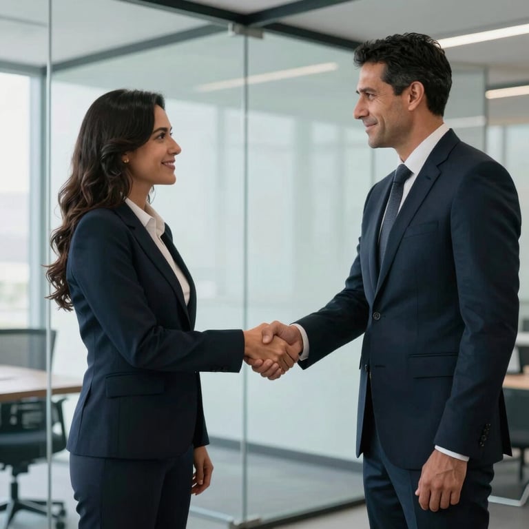 Photography of two Latin American business partners shaking hands in a minimalist glass office. Dark Navy business attire.