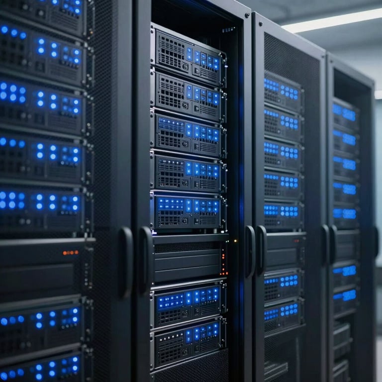 Photography of a modern server room or tech hub with Sky Blue LED indicators, representing digital infrastructure.