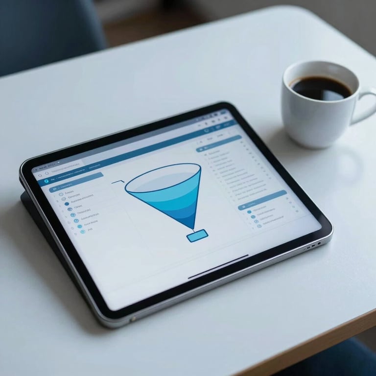 Photography of a digital workspace with a tablet showing a funnel diagram, coffee cup, and clean desk. Ice Blue and Steel Blue palette.
