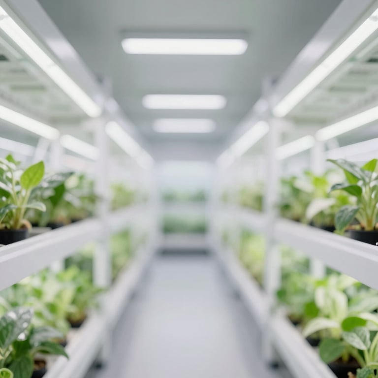 A futuristic vertical indoor farm with professional LED lighting and clean white #F5F5F5 structures.