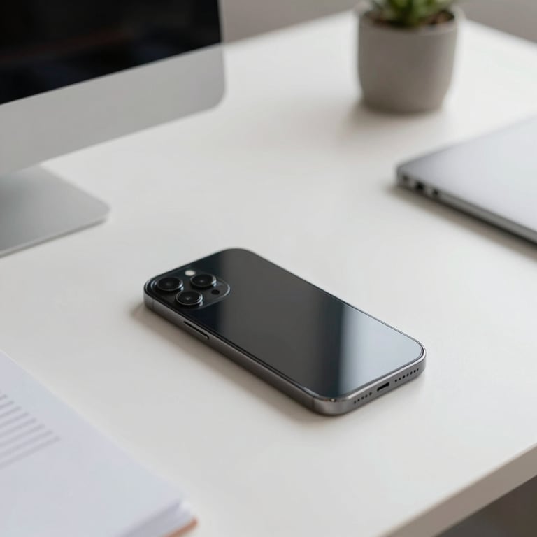 A minimalist executive desk with high-quality stationery and a modern smartphone, representing administrative services.