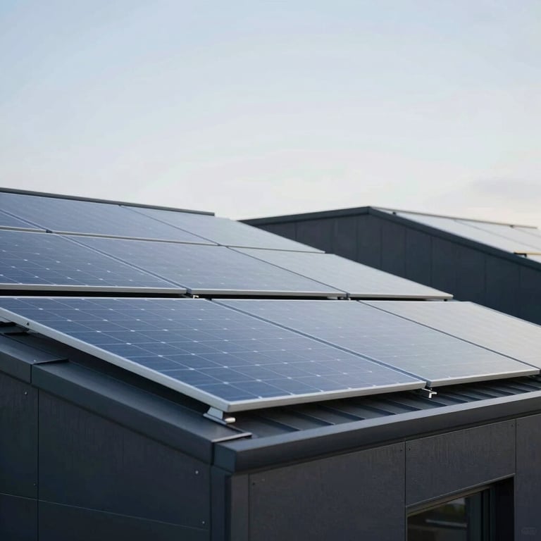 Reflective solar panels integrated into the roof of a contemporary dark #1C1C1C building under a clear sky.