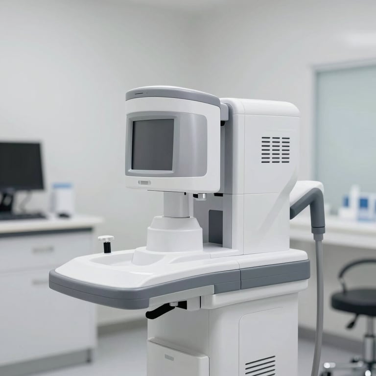 A high-end medical diagnostic device, minimalist design in silver and white, professional clinical setting.