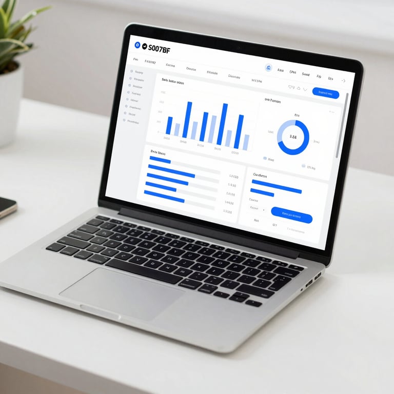 A sleek laptop showing a modern SaaS dashboard with blue #007BFF charts on a white desk.