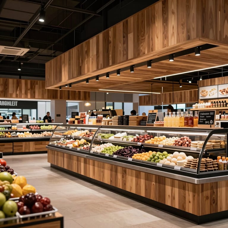Interior shot of a modern food market in North American / Western European with clean architecture and warm wood finishes.