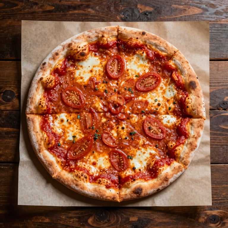 Flat lay photography of a gourmet pizza with deep crimson tomato sauce on a parchment paper background, rustic wood table.