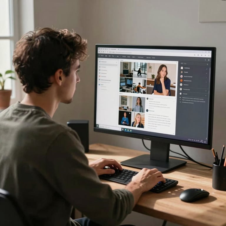 Candid shot of a creative professional in a sunlit North American / Western European studio, working on a social media layout on a large monitor.