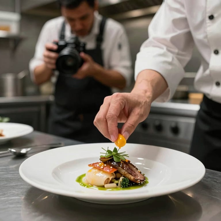 Action shot of a photographer capturing a chef plating a dish in a professional restaurant kitchen.