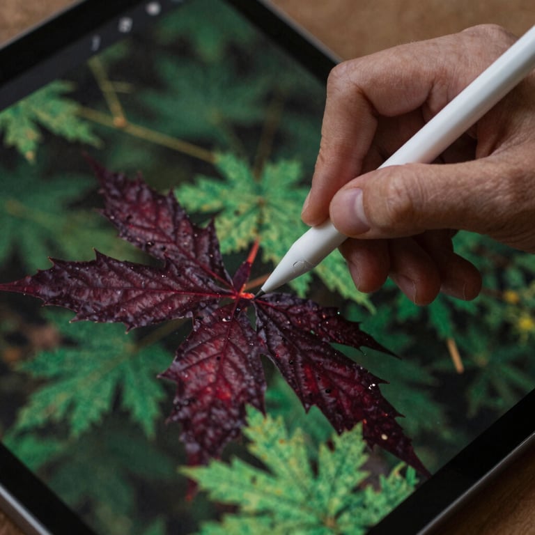Close-up of a hand using a stylus on a tablet to edit a vibrant food photograph, forest green and deep crimson colors visible on screen.