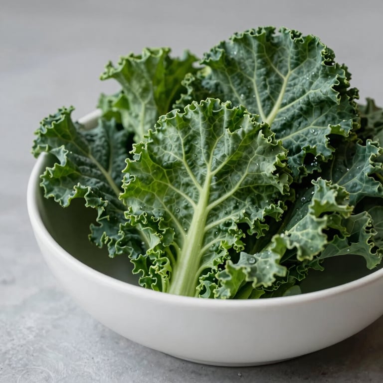 Close-up of fresh forest green kale and artisanal vegetables in a minimalist white bowl, soft side lighting.