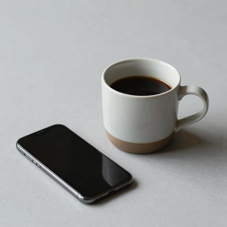 A minimalist ceramic coffee cup next to a smartphone on a clean, light grey surface.