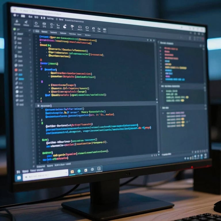 Detail shot of a professional coding environment on a large monitor, with soft blue ambient lighting.