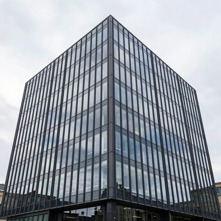 A sophisticated office building in Brno with modern glass architecture, reflecting a clear arctic white sky.