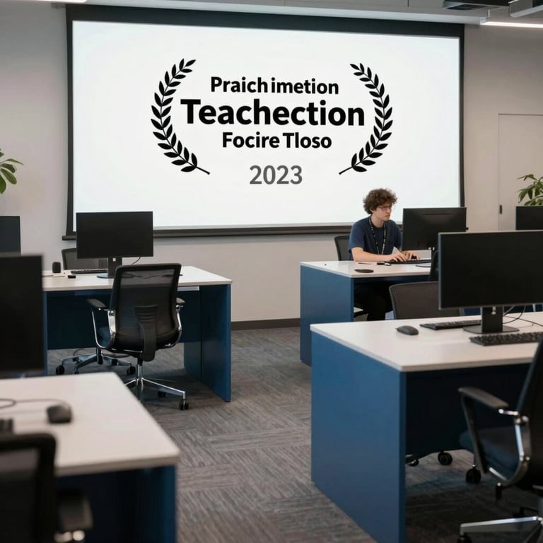 A wide shot of a tech-forward collaborative workspace featuring dark navy and muted ocean blue furniture.