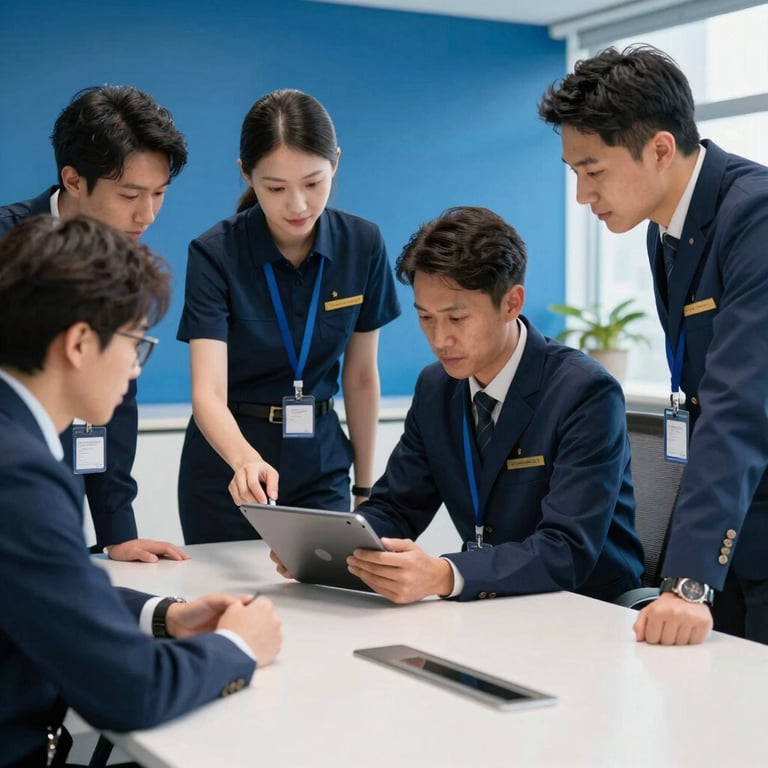 A team of developers in professional navy attire collaborating over a tablet in a bright, steel blue themed meeting room.