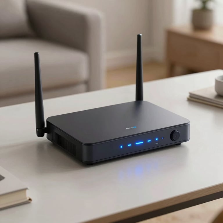 A sleek, modern wireless router with glowing blue status lights sitting on a minimalist desk in a North American home.