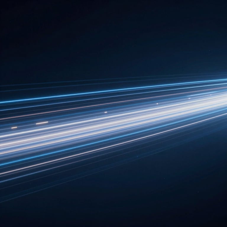 Abstract shot of high-speed data transmission represented by light trails on a dark blue background.
