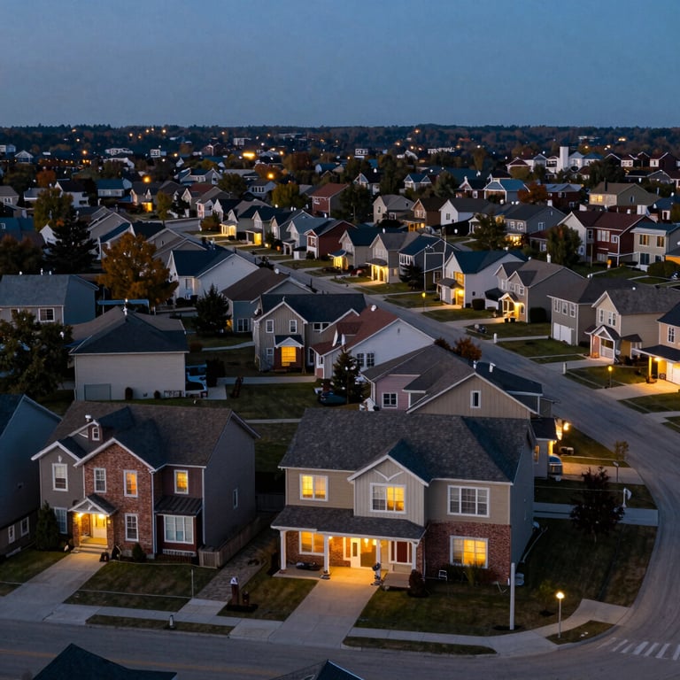 A sprawling view of a North American neighborhood at dusk with warm lights glowing in windows, symbolizing connected homes.