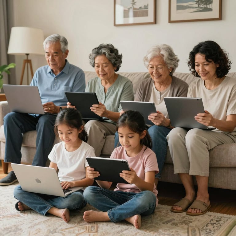A multi-generational family in a suburban living room all using different tablets and laptops simultaneously without lag.