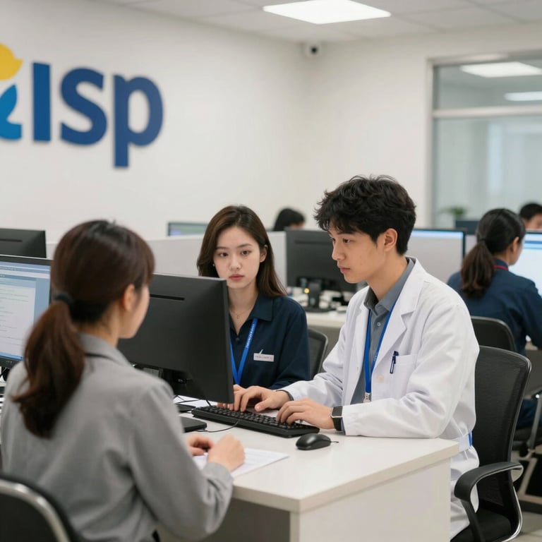 The bright and clean interior of a local ISP customer service center with staff assisting clients.