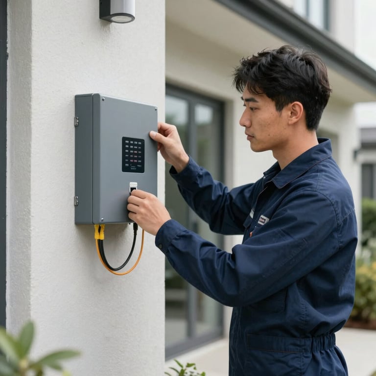 A professional technician in a branded dark blue uniform installing a fiber box on the exterior of a modern US residence.